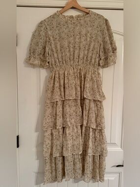 Baltic Born Fairy Taupe Sz Large Floral Tiered Ruffle Midi Dress Garden NWT